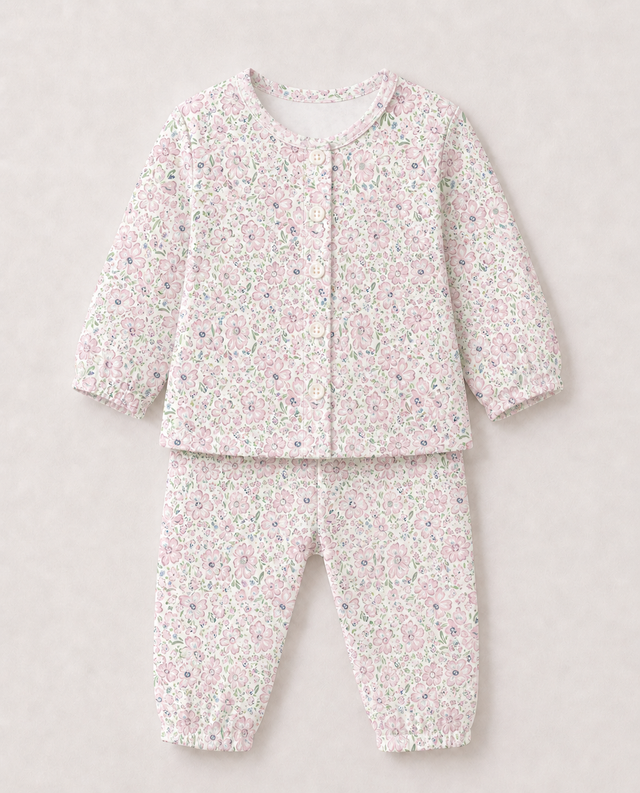 Baby wearing Anaario Whispering Pink organic mulmul cotton Blossom Breeze set, newborn to 24 months