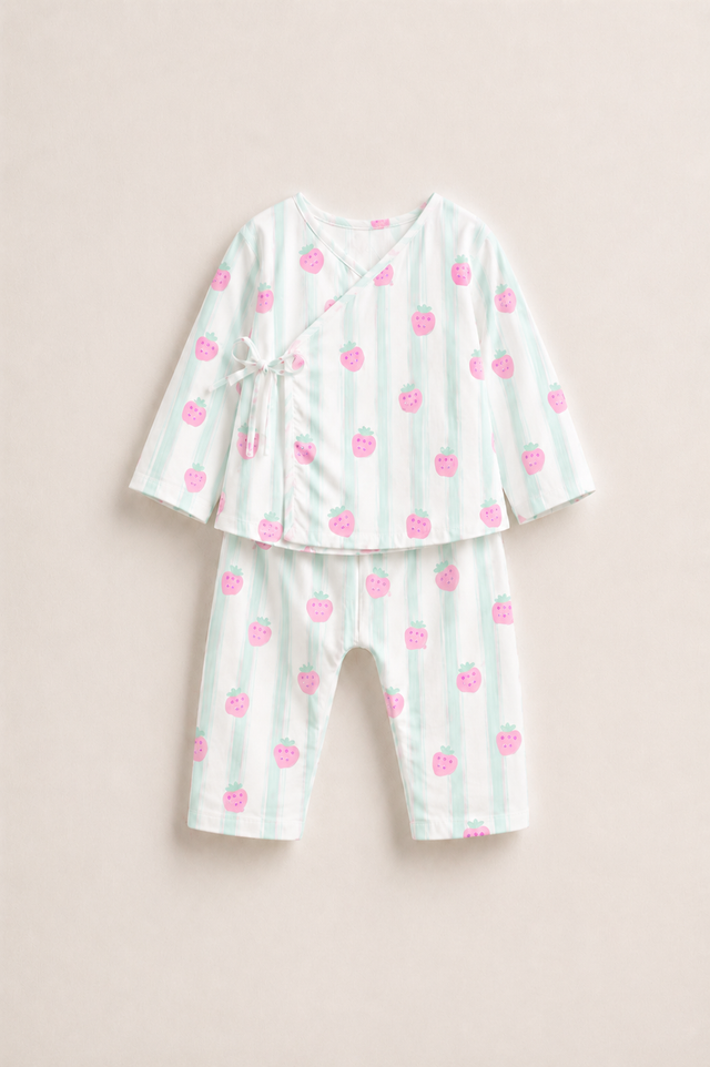 Baby wearing Anaario Strawberry Wrap white with pink strawberry prints and mint stripes co-ord set, newborn to 24 months