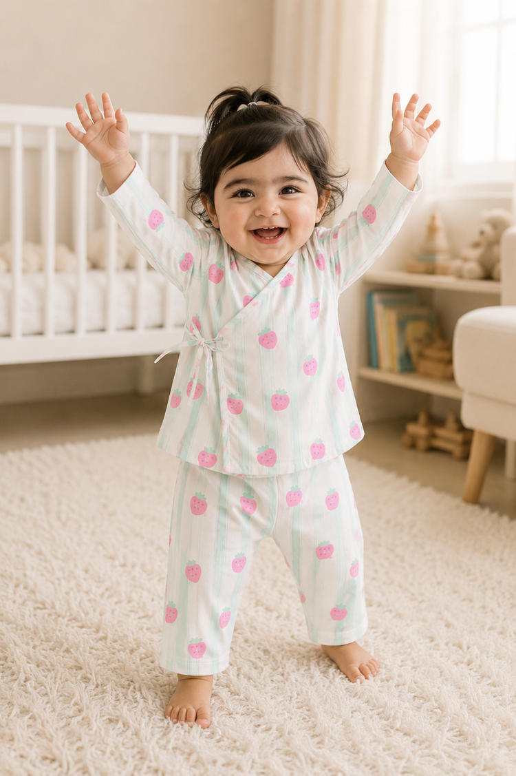 Baby wearing Anaario Strawberry Wrap white with pink strawberry prints and mint stripes co-ord set, newborn to 24 months