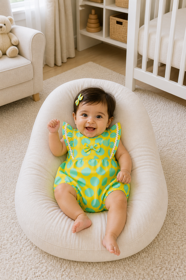 Baby wearing Anaario Yellow Aqua Polka Dot Frill sleeveless romper, newborn to 24 months