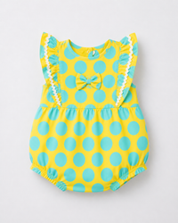 Baby wearing Anaario Yellow Aqua Polka Dot Frill sleeveless romper, newborn to 24 months