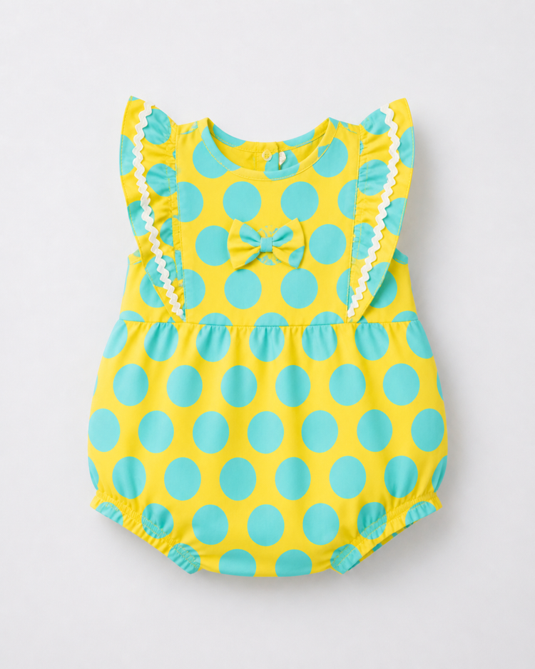 Baby wearing Anaario Yellow Aqua Polka Dot Frill sleeveless romper, newborn to 24 months