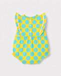 Baby wearing Anaario Yellow Aqua Polka Dot Frill sleeveless romper, newborn to 24 months