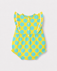 Baby wearing Anaario Yellow Aqua Polka Dot Frill sleeveless romper, newborn to 24 months