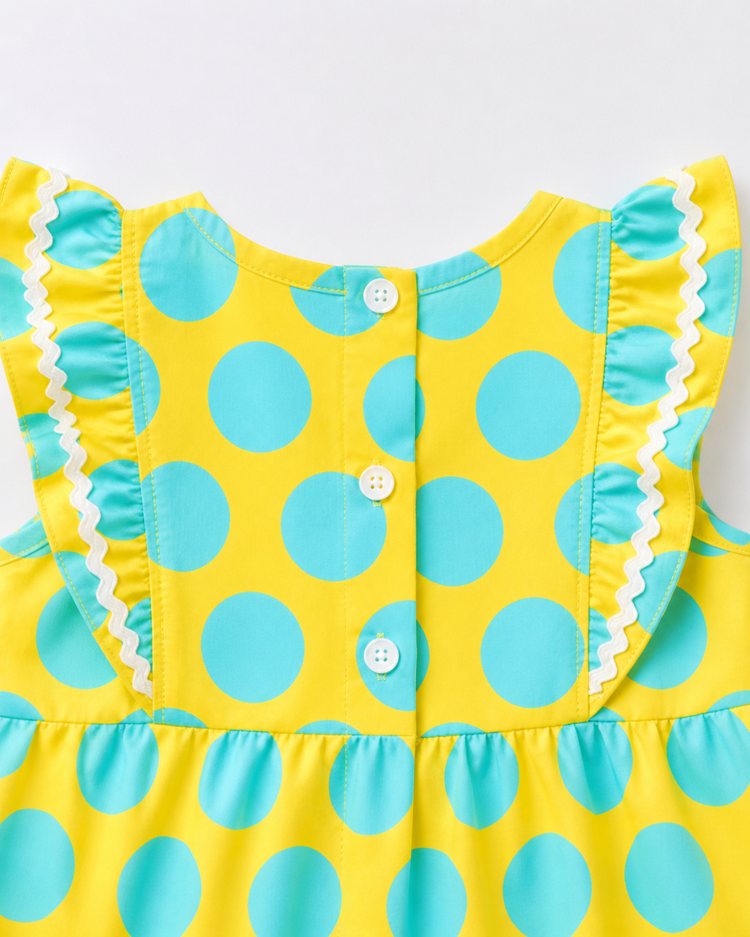 Baby wearing Anaario Yellow Aqua Polka Dot Frill sleeveless romper, newborn to 24 months