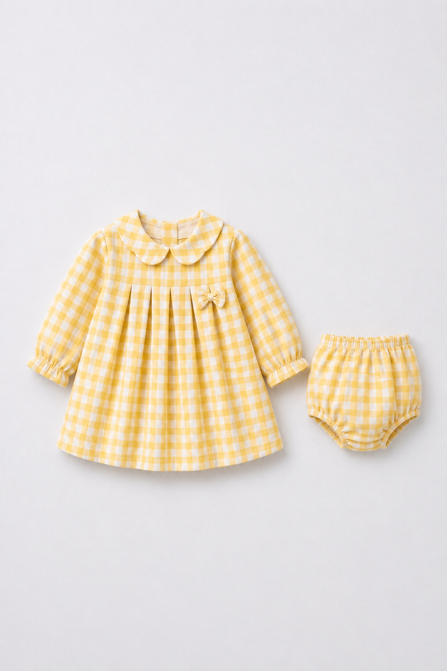 Baby wearing Anaario Yellow Check Bow yellow and white check long-sleeve dress set, newborn to 24 months