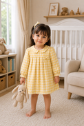 Baby wearing Anaario Yellow Check Bow yellow and white check long-sleeve dress set, newborn to 24 months