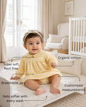 Baby wearing Anaario Yellow Check Bow yellow and white check long-sleeve dress set, newborn to 24 months