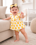 Baby wearing Anaario Yellow Dot Frill white with yellow polka dots dress set, newborn to 24 months