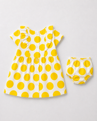 Baby wearing Anaario Yellow Dot Frill white with yellow polka dots dress set, newborn to 24 months