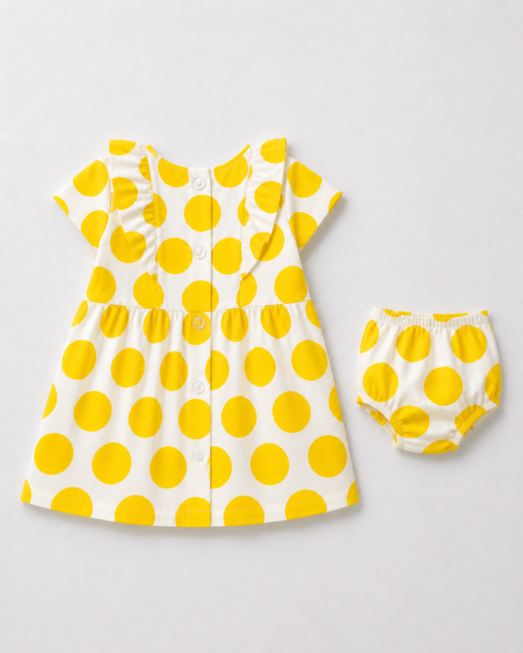 Baby wearing Anaario Yellow Dot Frill white with yellow polka dots dress set, newborn to 24 months