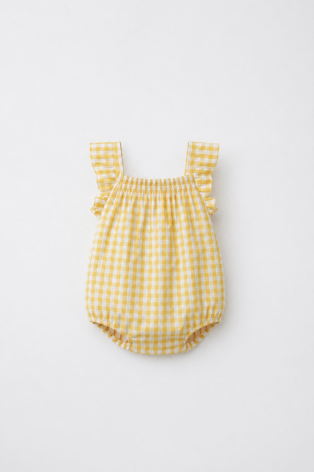 Baby wearing Anaario Yellow Gingham Shoulder Frill sleeveless romper, newborn to 24 months