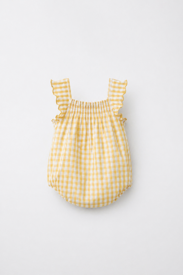 Baby wearing Anaario Yellow Gingham Shoulder Frill sleeveless romper, newborn to 24 months