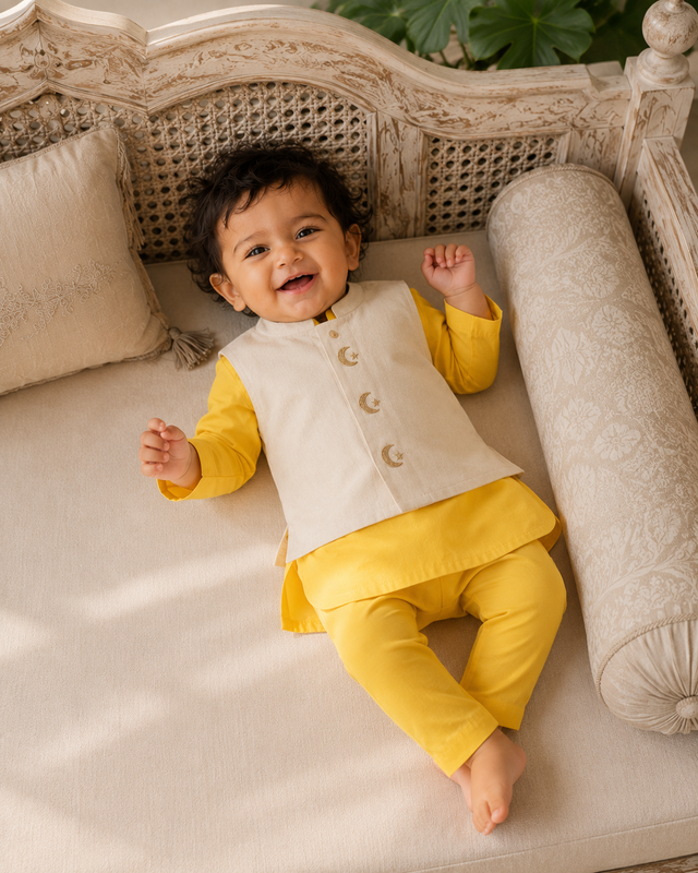 Baby wearing Anaario Yellow Moon-Star Motif Jacket Kurta Set, yellow kurta with ivory moon-and-star embroidered jacket, newborn to 24 months
