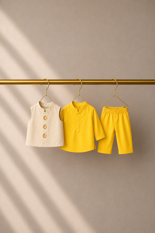 Baby wearing Anaario Yellow Moon-Star Motif Jacket Kurta Set, yellow kurta with ivory moon-and-star embroidered jacket, newborn to 24 months