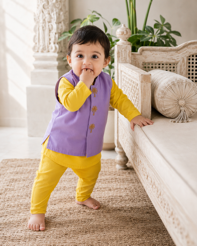 Baby wearing Anaario Yellow Palm Motif Jacket Kurta Set, yellow kurta with lavender palm-tree embroidered jacket, newborn to 24 months