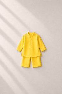 Baby wearing Anaario Yellow Palm Motif Jacket Kurta Set, yellow kurta with lavender palm-tree embroidered jacket, newborn to 24 months
