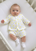 Baby wearing Anaario Yellow Palm Leaves organic mulmul cotton Blossom Breeze set, newborn to 24 months