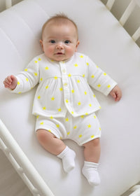 Baby wearing Anaario Yellow Palm Leaves organic mulmul cotton Blossom Breeze set, newborn to 24 months