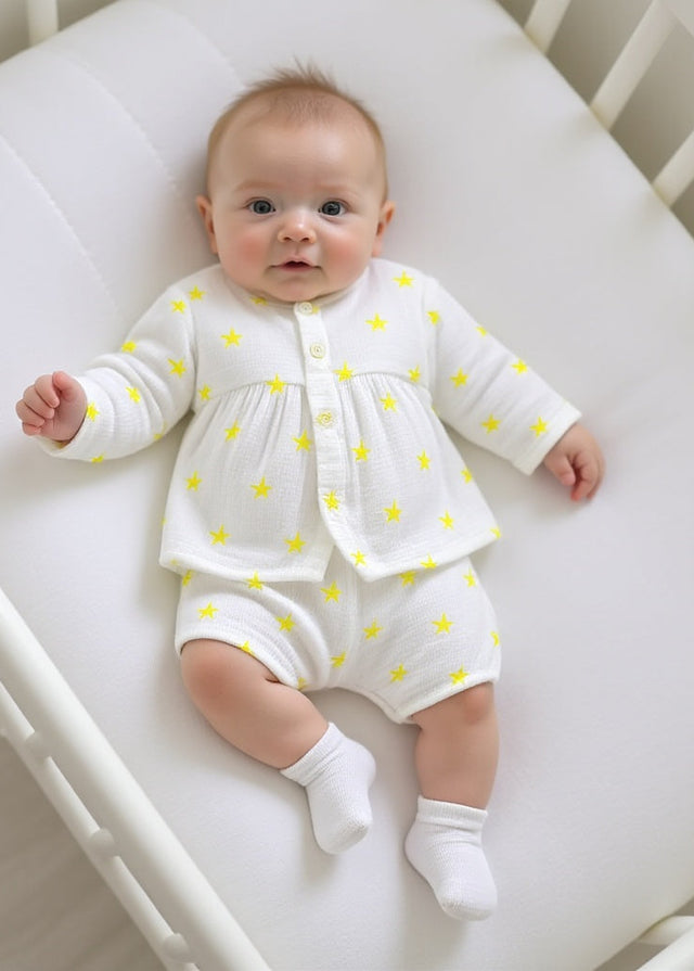 Baby wearing Anaario Yellow Palm Leaves organic mulmul cotton Blossom Breeze set, newborn to 24 months