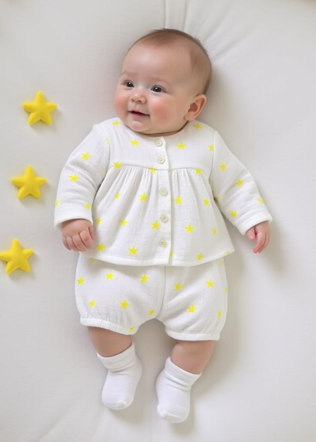 Baby wearing Anaario Yellow Palm Leaves organic mulmul cotton Blossom Breeze set, newborn to 24 months