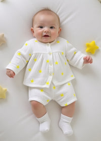 Baby wearing Anaario Yellow Palm Leaves organic mulmul cotton Blossom Breeze set, newborn to 24 months