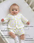 Baby wearing Anaario Yellow Palm Leaves organic mulmul cotton Blossom Breeze set, newborn to 24 months