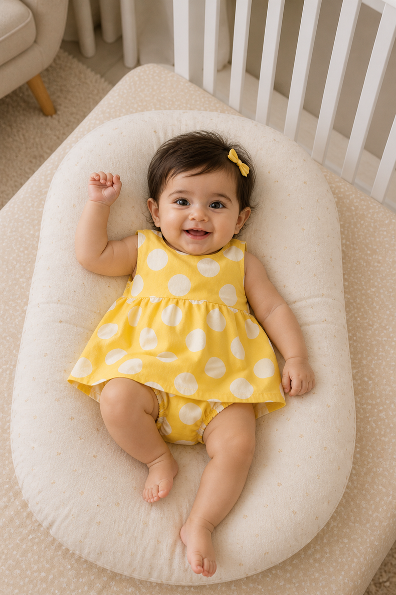 Baby wearing Anaario Yellow Polka Dot white with yellow polka dots dress set, newborn to 24 months