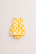 Baby wearing Anaario Yellow Polka Dot white with yellow polka dots dress set, newborn to 24 months