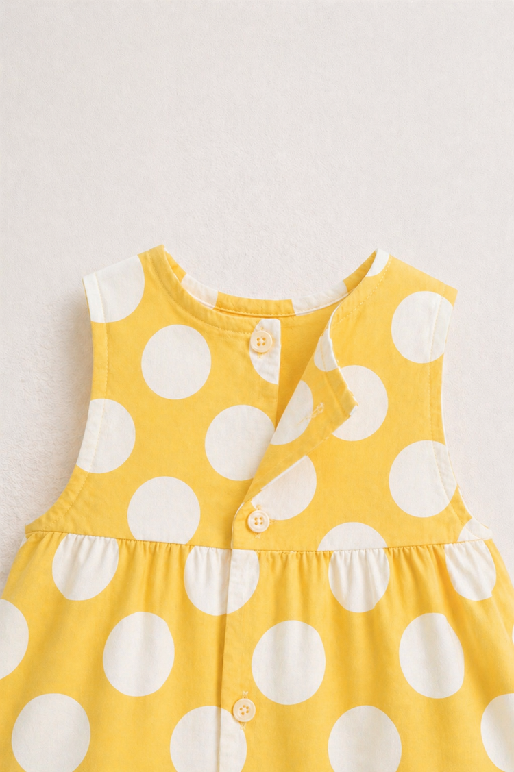 Baby wearing Anaario Yellow Polka Dot white with yellow polka dots dress set, newborn to 24 months