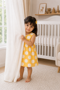 Baby wearing Anaario Yellow Polka Dot white with yellow polka dots dress set, newborn to 24 months