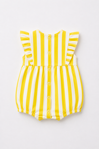 Baby wearing Anaario Yellow White Stripe Frill sleeveless romper, newborn to 24 months