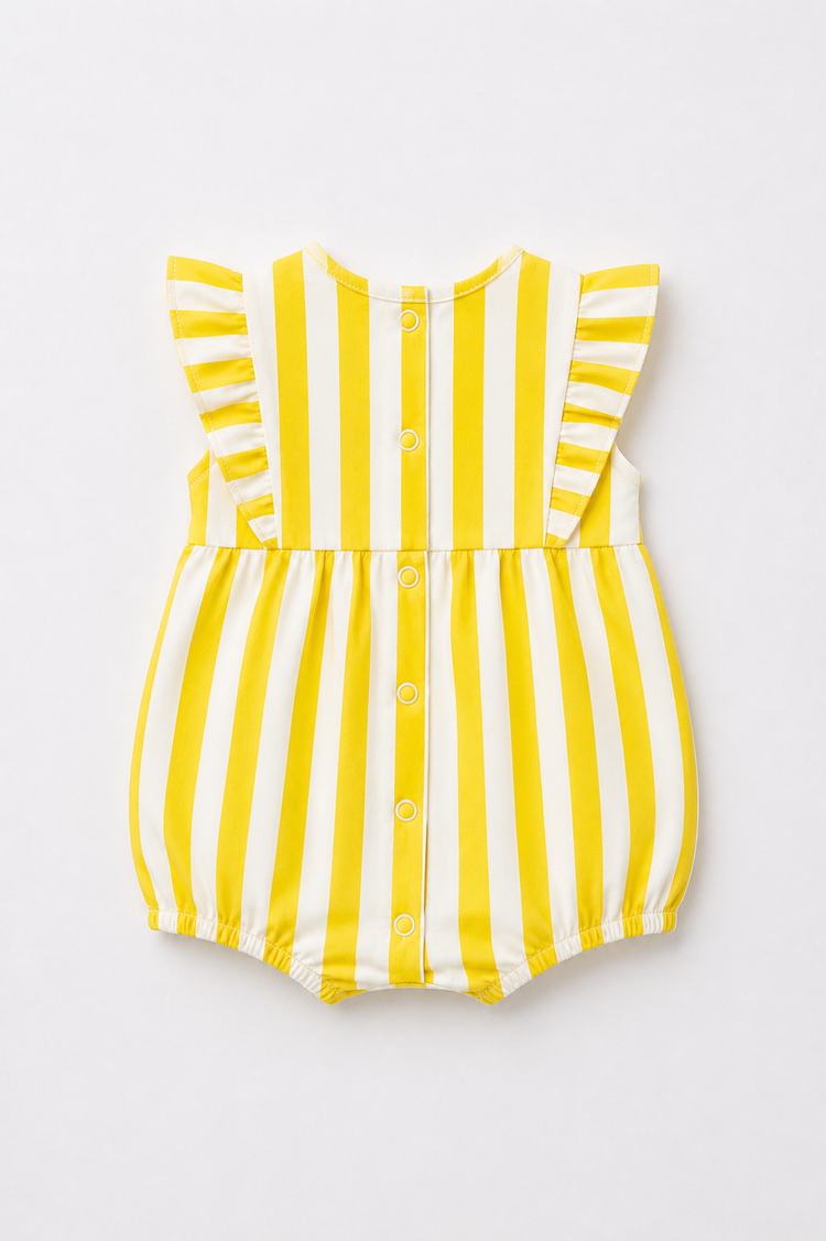 Baby wearing Anaario Yellow White Stripe Frill sleeveless romper, newborn to 24 months