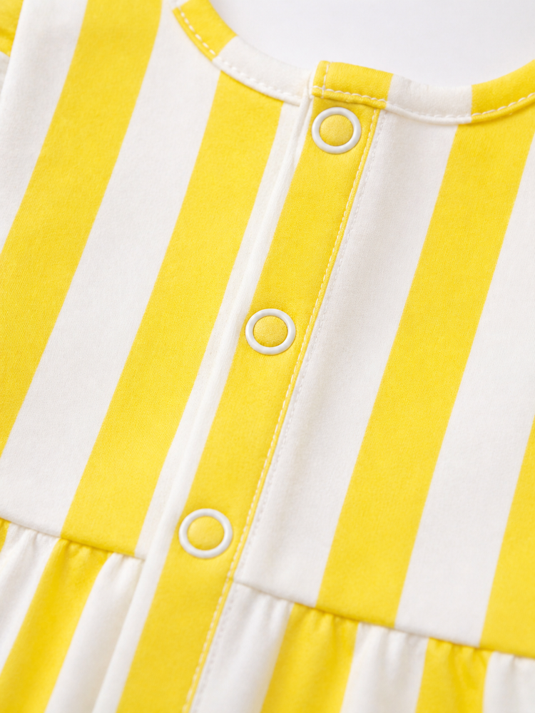 Baby wearing Anaario Yellow White Stripe Frill sleeveless romper, newborn to 24 months