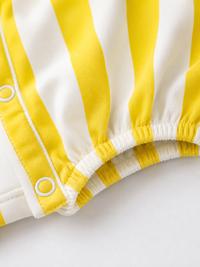 Baby wearing Anaario Yellow White Stripe Frill sleeveless romper, newborn to 24 months