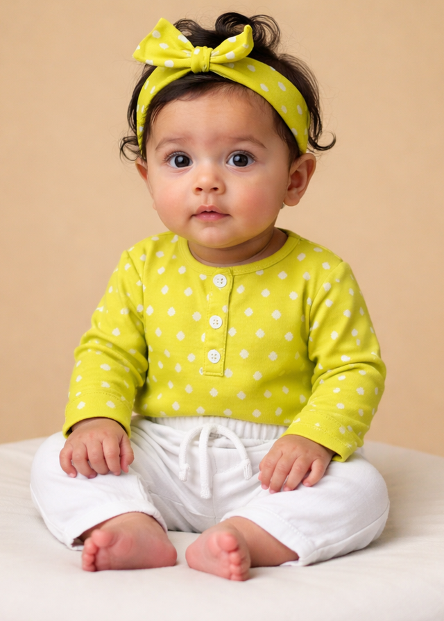 Baby wearing Anaario Yellow and White Dots organic mulmul cotton Gleeful Giggles set, newborn to 24 months