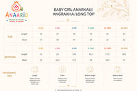 Anaario baby girl lehenga set size chart in inches, sizes 0-3 months to 18-24 months