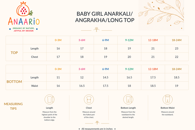 Anaario baby girl lehenga set size chart in inches, sizes 0-3 months to 18-24 months