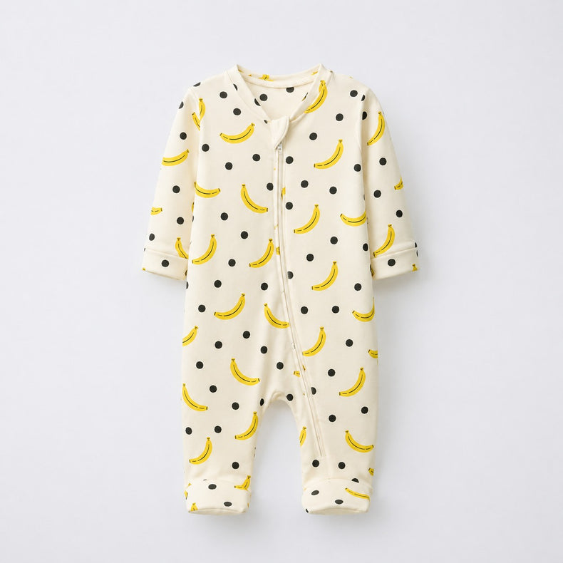 Banana bamboo cotton baby sleepsuit — full-sleeve two-way zip romper onesie, front