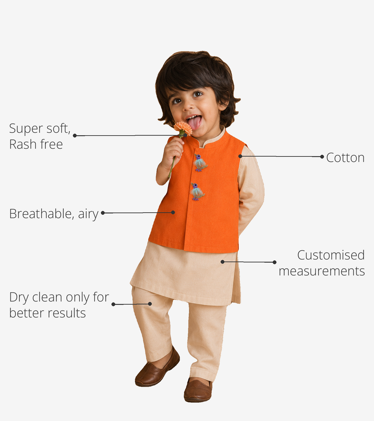 Anaario Beige Bird-Motif Boys' Waistcoat Set (Orange Waistcoat) key features