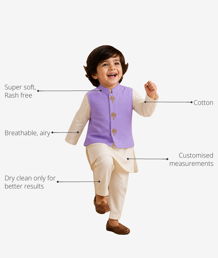 Anaario Beige Palm-Motif Boys' Waistcoat Set (Lilac Waistcoat) key features