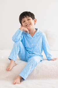 Boy wearing Anaario Blue and White Raindrops Night Suit