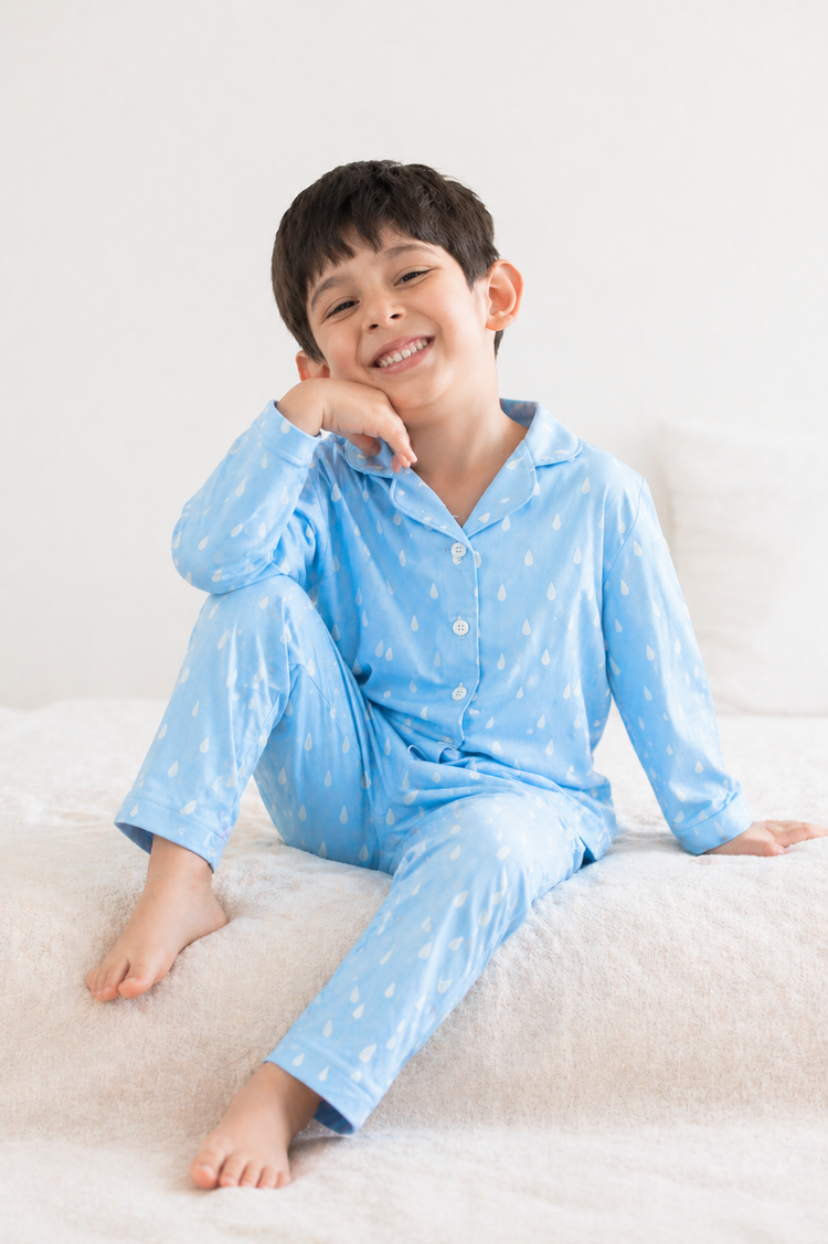Boy wearing Anaario Blue and White Raindrops Night Suit