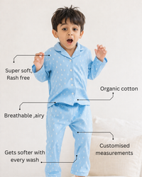 Boy wearing Anaario Blue and White Raindrops Night Suit