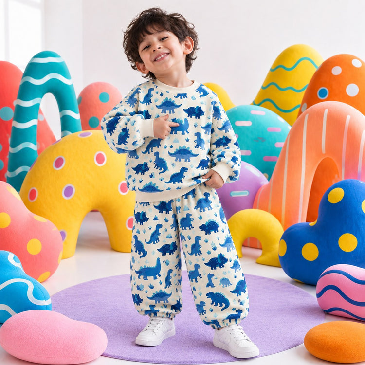 Blue Dinosaur Jogger Set on boy by Anaario – winter kidswear