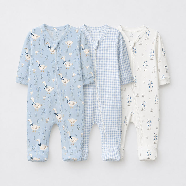 Blue Duck bamboo baby sleepsuit combo — coordinating full-sleeve two-way zip romper onesies