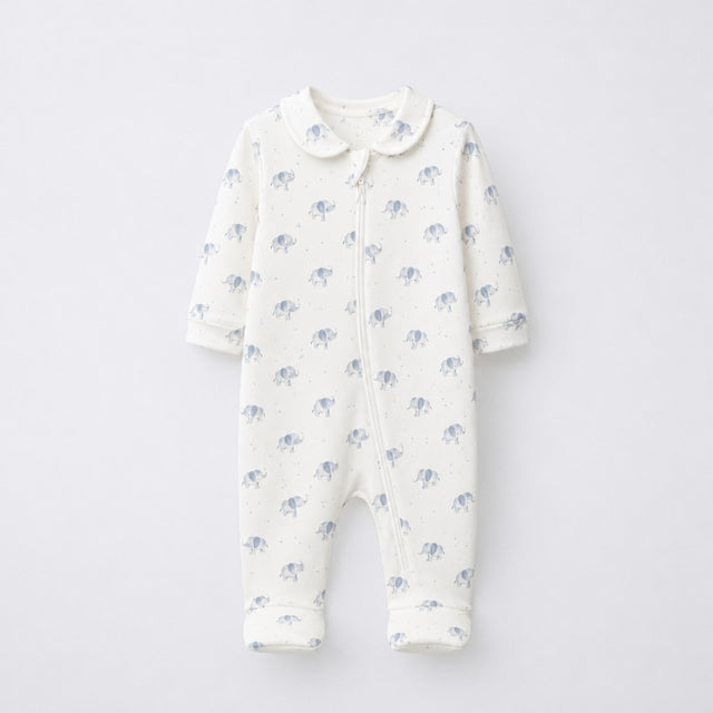 Blue Elephant bamboo cotton baby sleepsuit — full-sleeve two-way zip romper onesie, front