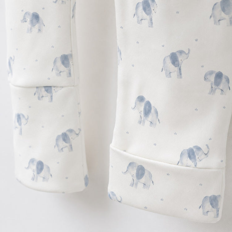 Blue Elephant bamboo cotton baby sleepsuit — bamboo cotton onesie romper flatlay