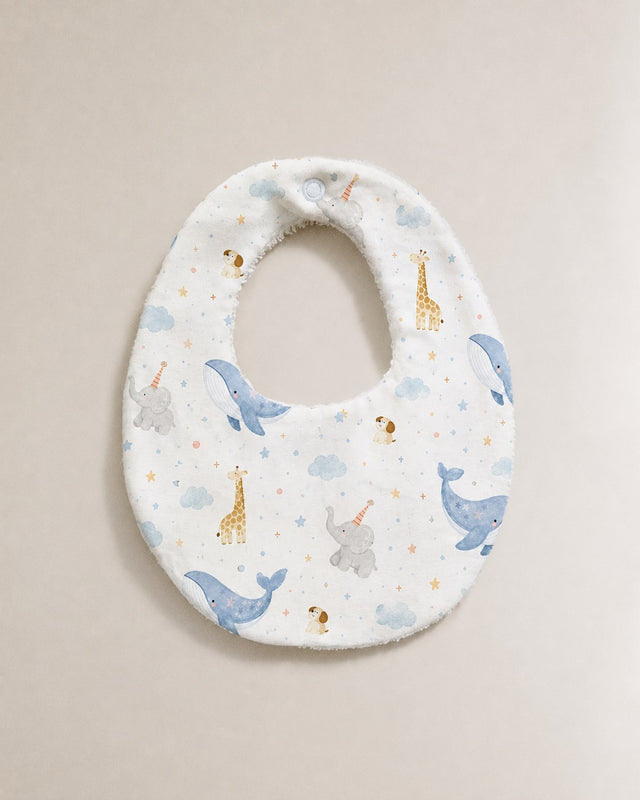 Blue Whale bamboo baby bib — print detail