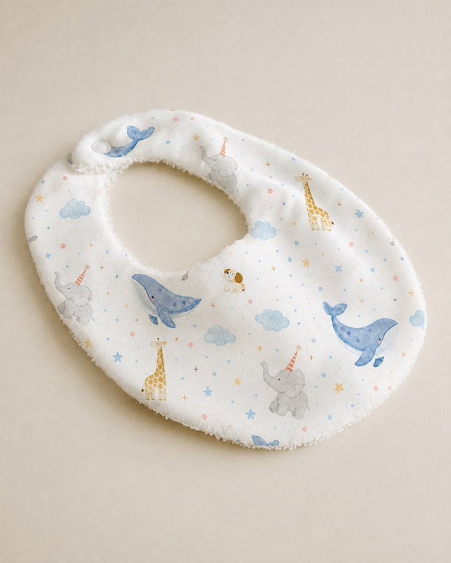 Blue Whale bamboo baby bib — absorbent sherpa backing